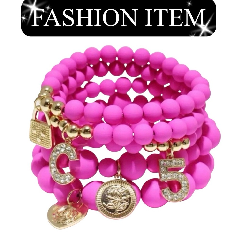 BRACELET: Hot Pink Natural Stone Elastic Beading w/Multiple Gold Tone Charms,NIP